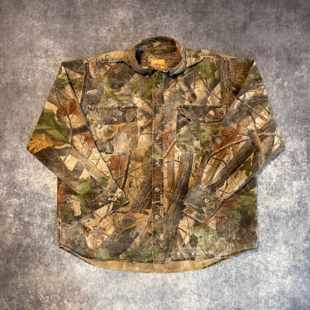 Vintage Wells Creek Shirt Mens Large Realtree Hardwoods Camo Distressed Thrashed